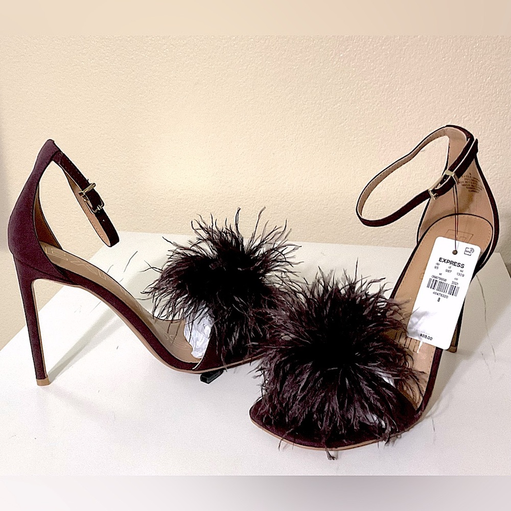 Express Feather Heeled Sandals Wine 8 - Picture 6 of 8